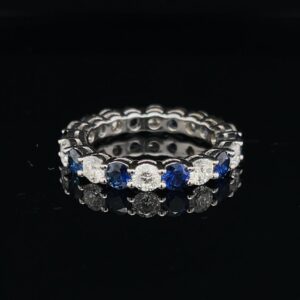 Blue Sapphire & Round Cut White Diamond Eternity Band Ring